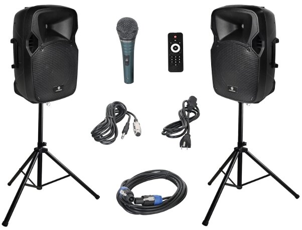 Pair of speakers on stands & microphone