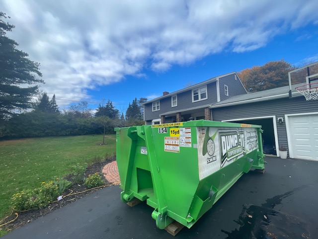 Dump-It Dumpster Rentals logo over a green dumpster in a driveway.
