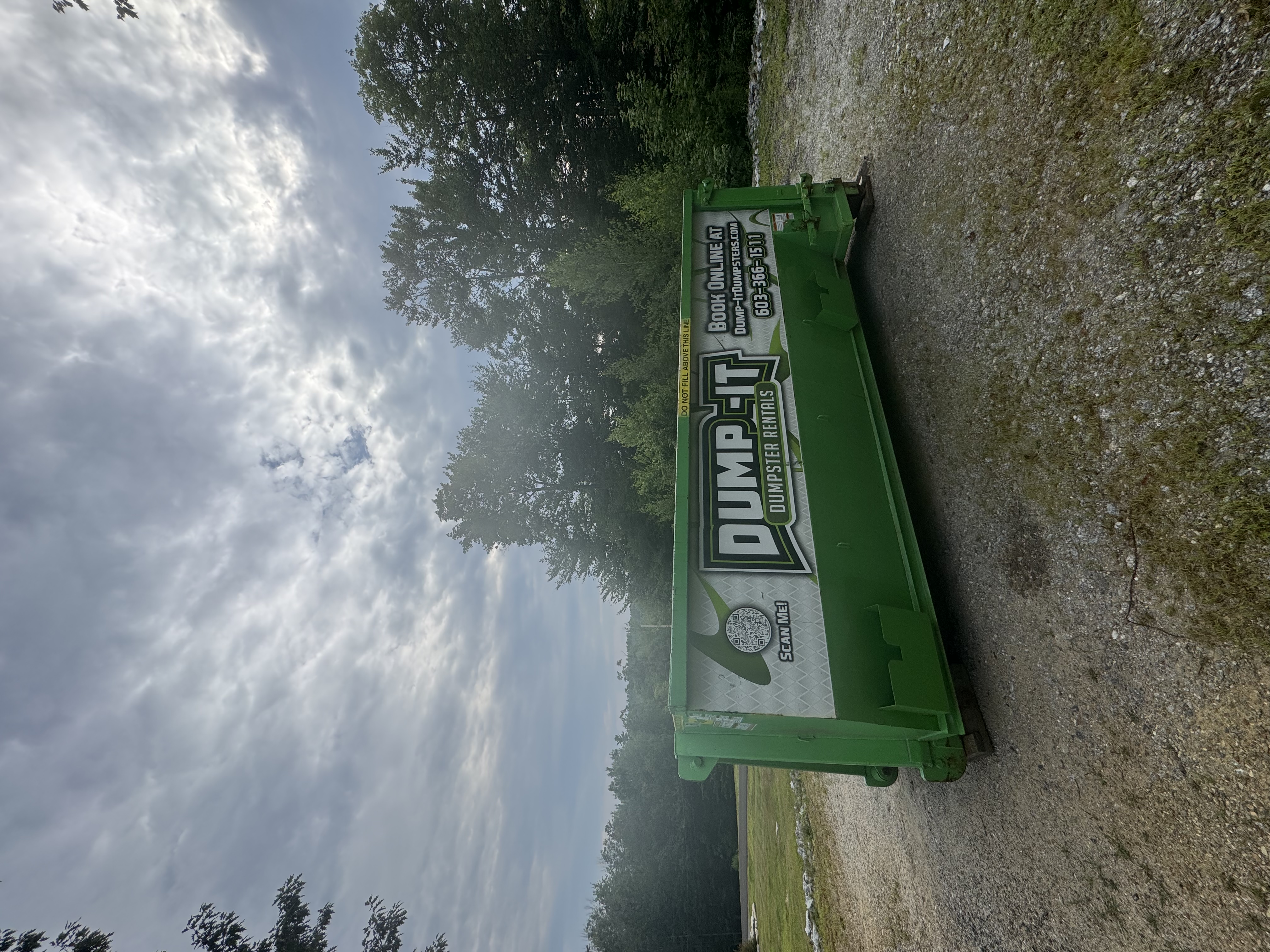Dump-It Dumpster Rentals logo over a green dumpster in a driveway.