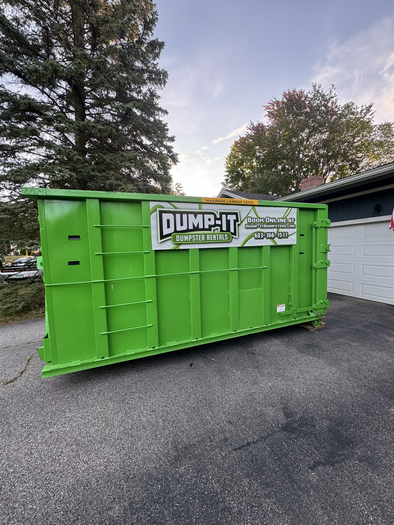 Dump-It Dumpster Rentals logo over a green dumpster in a driveway.