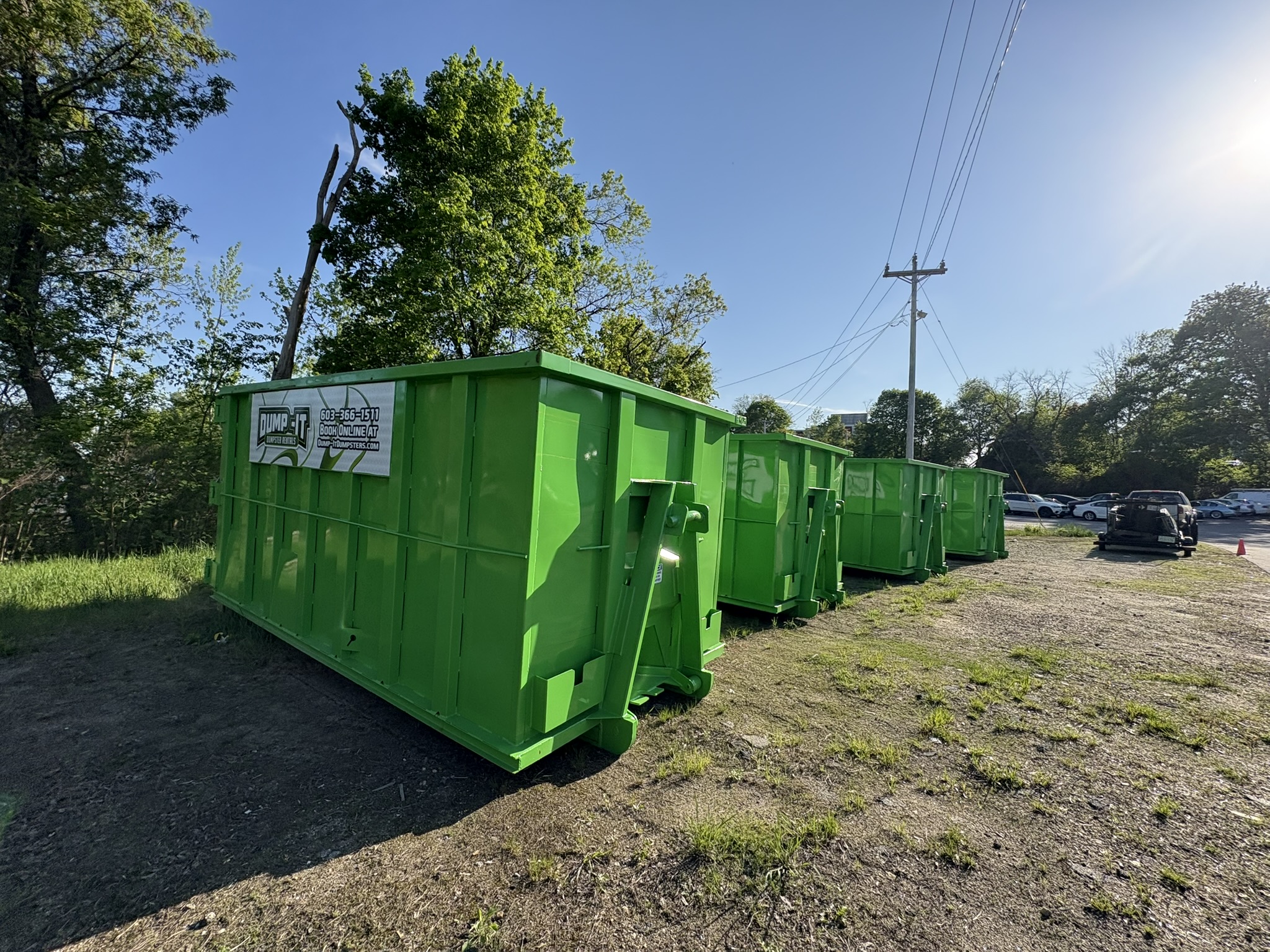 Dump-It Dumpster Rentals logo over a green dumpster in a driveway.