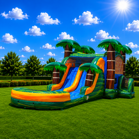 Cali Palm bounce house with dual lane slide and pool