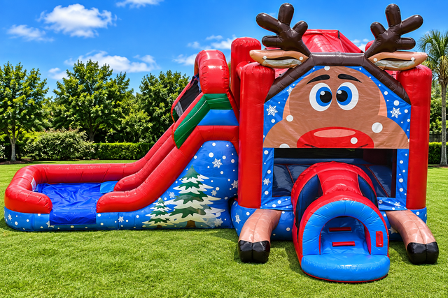 Reindeer bounce house / dual lane slide combo