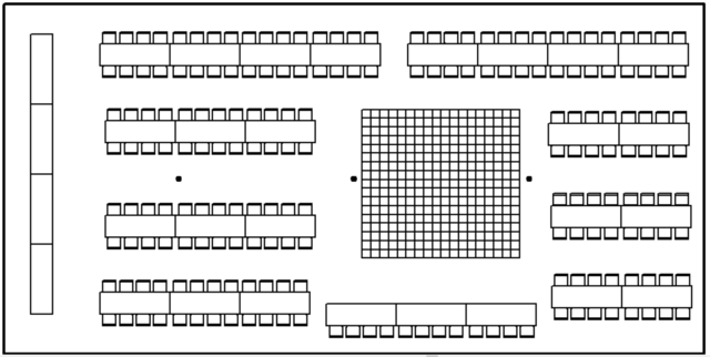 Layout of 40 x 80 Wedding Tent with Banquet Tables in Long Rows and Dance Floor