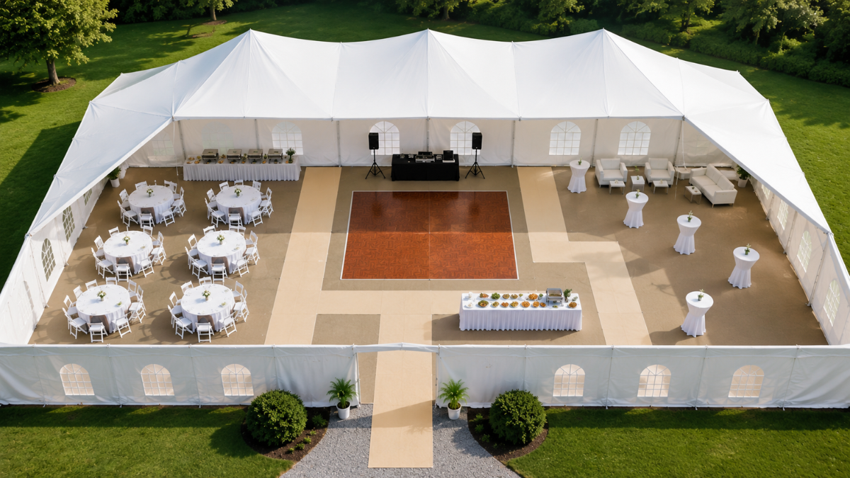 Elegant outdoor wedding tent layout showing organized table arrangement with clear walkways