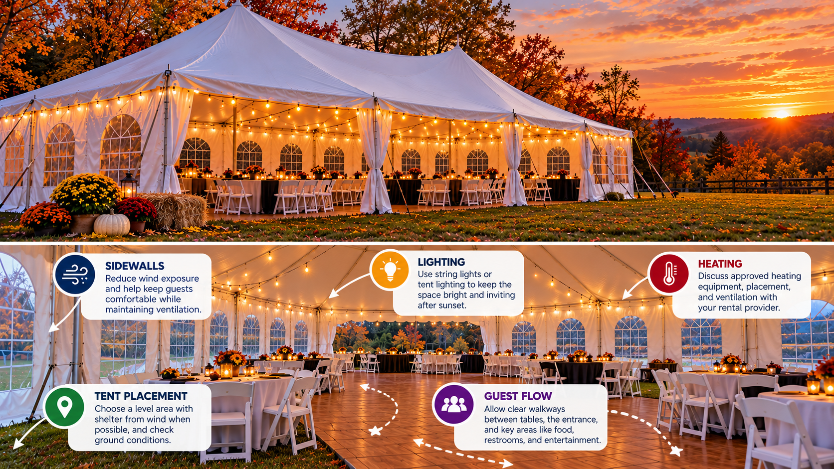 White party tent set up outdoors during autumn evening with warm lighting