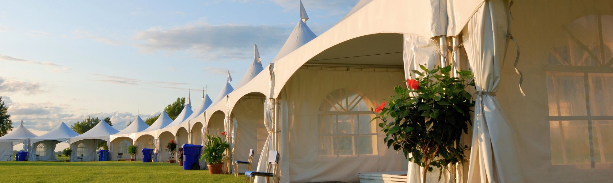 Row of white high peak party tents set up on a lawn with sidewalls and flowering plants