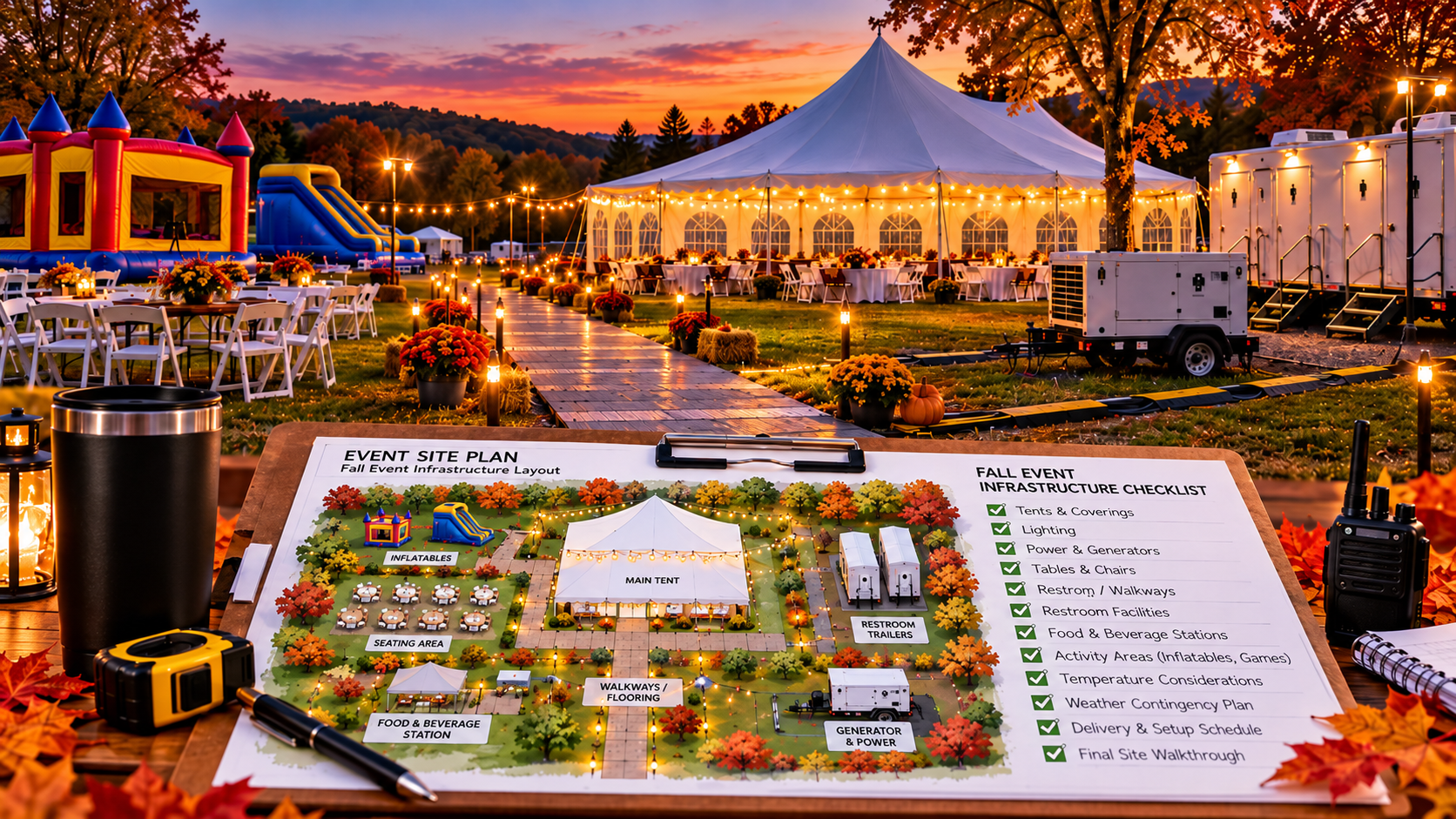 Outdoor evening event setup showing lighting placement, seating arrangement, and infrastructure coordination for fall gatherings
