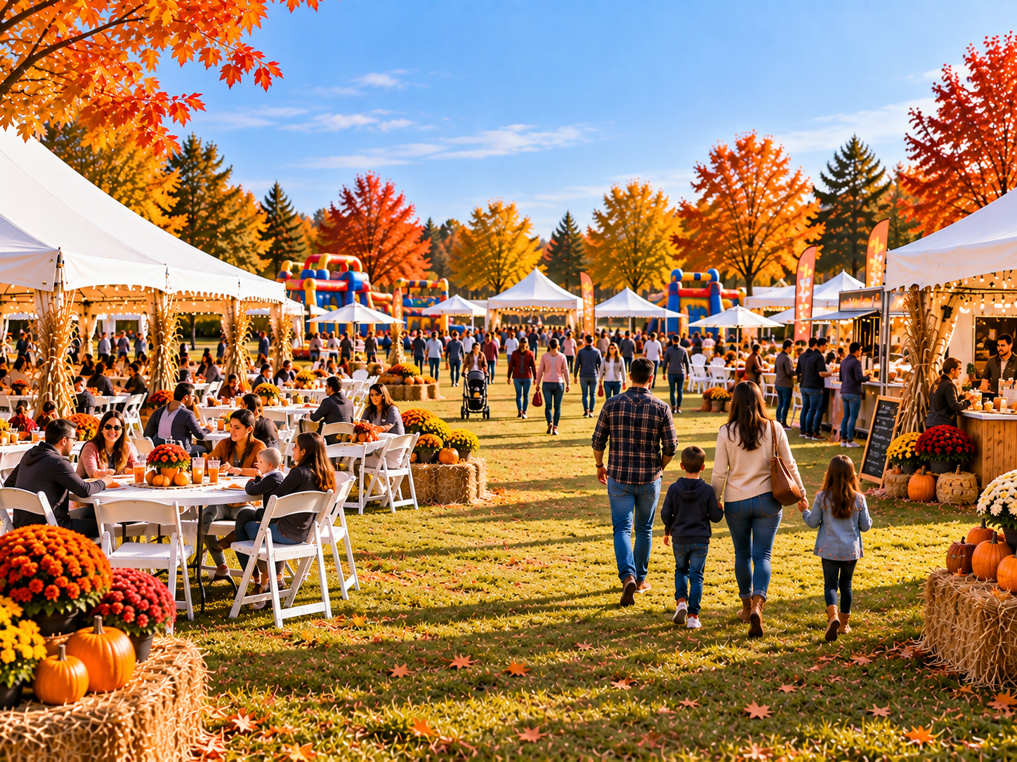 Fall festival layout with white party tents, organized seating areas, activity zones, and clear pathways demonstrating functional crowd movement planning