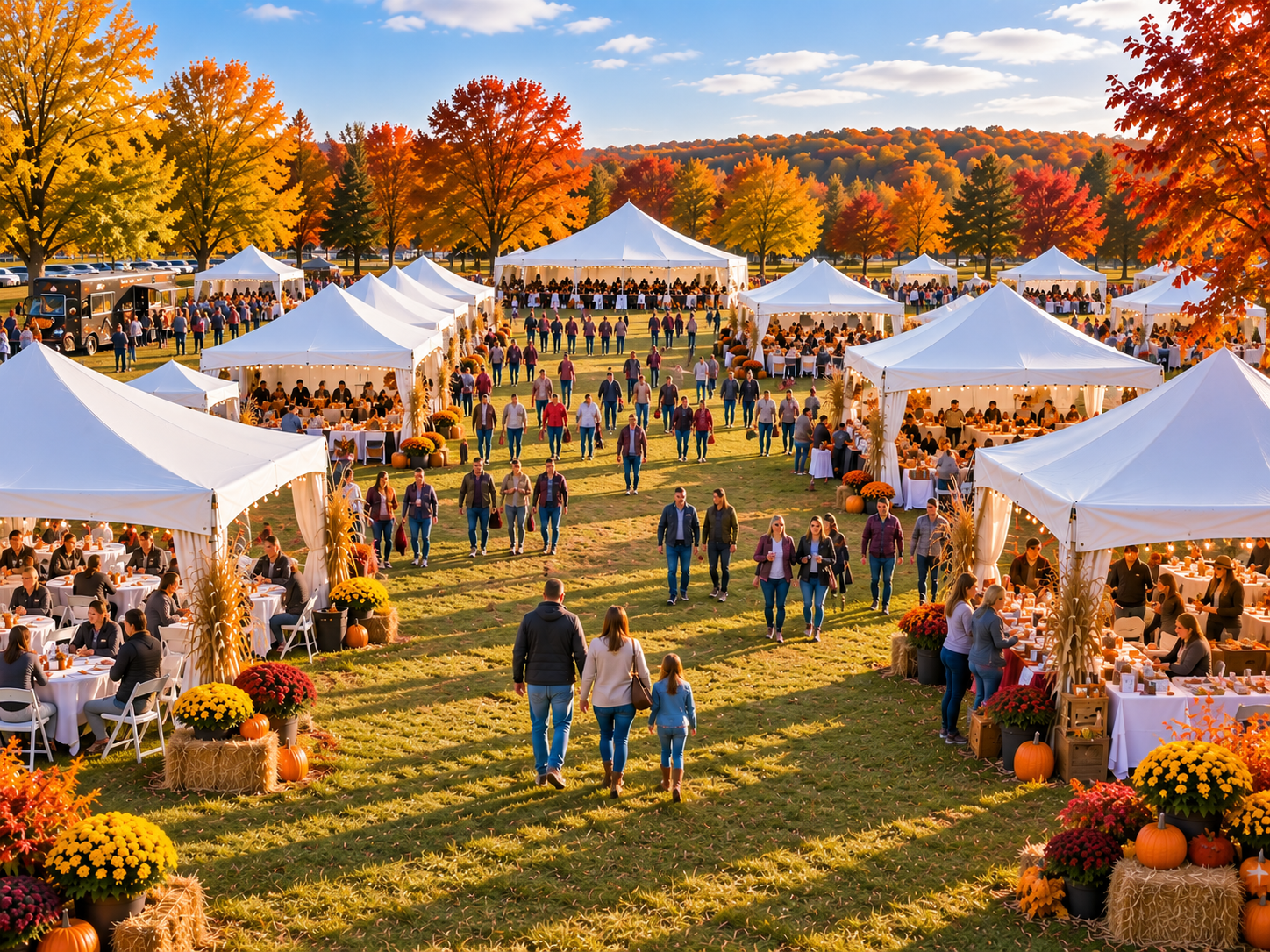 Diagram showing different tent layout configurations for vendor browsing, food service queuing, dining seating arrangements, and activity spaces with designated participant and spectator zones for high-traffic fall festival planning