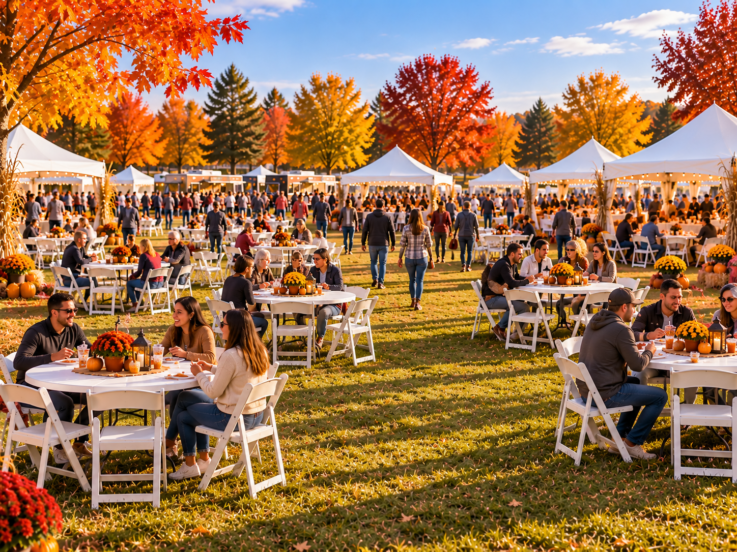 Festival seating layout showing tables and chairs arranged in sections with clear walkways between different zones for dining and social areas