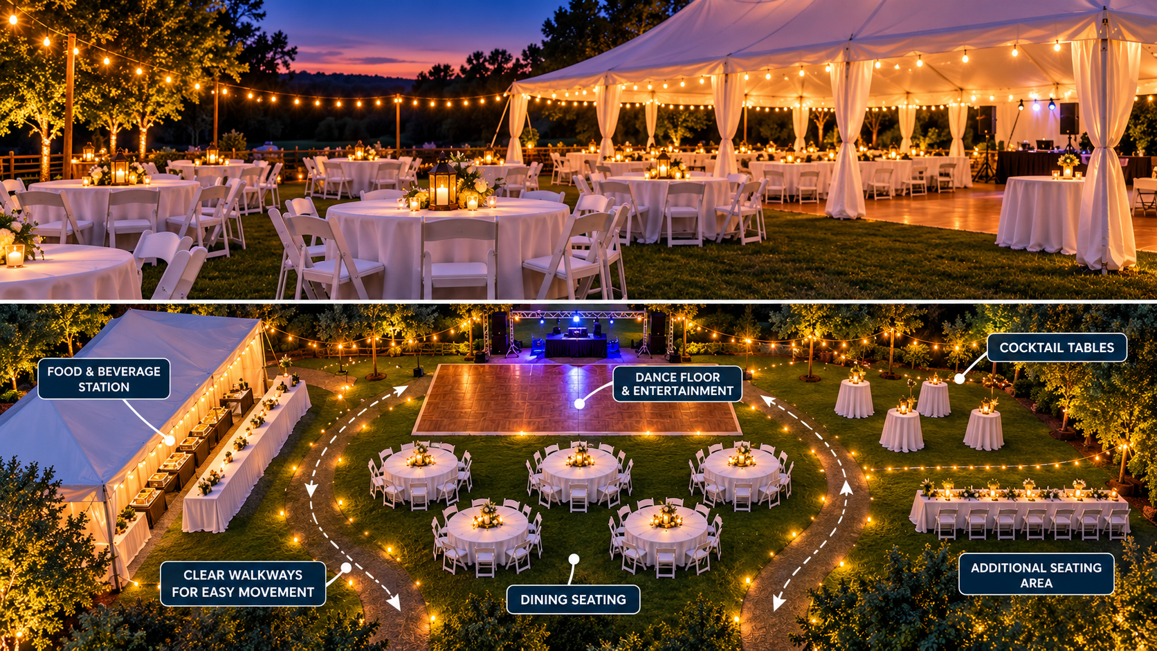 Evening event seating arrangement with illuminated tables and clear pathways