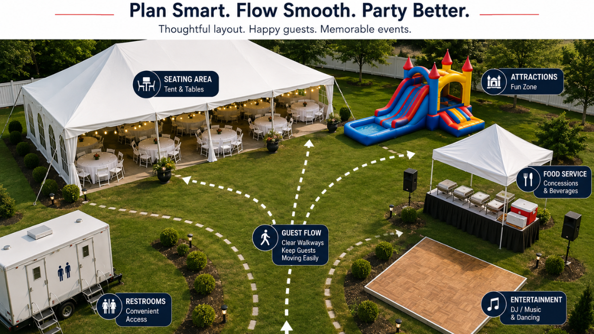 Smart event layout planning diagram showing proper spacing for multi-activity zones