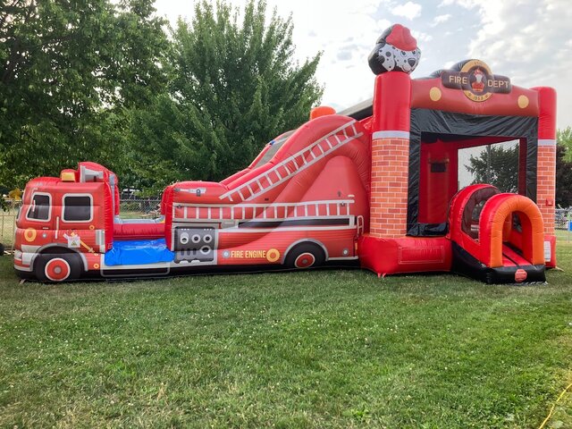 Fire truck water slide with basketball hoop