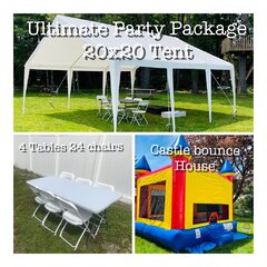 Ultimate Party Package Includes 20X20 tent 4 banquet tables 24 chairs and Castle Bounce House Reg $749.99 Sale $549.99