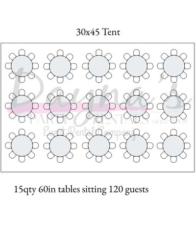 30 x 45 FRAME TENT PKG 120 WHITE CHAIRS 15 TABLES 