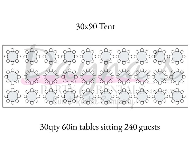 30 x 90 FRAME TENT PKG 240 WHITE CHAIRS 30 TABLES