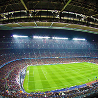 Stadiums | Ballpark food and souvenirs on a wooden bench