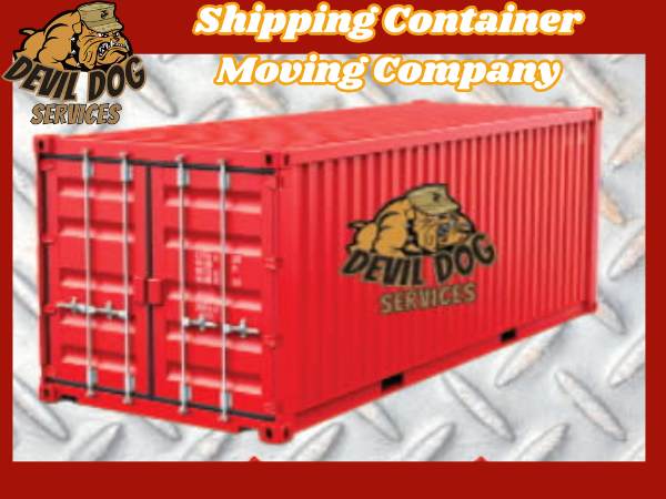 Shipping Container Moving Company Devil Dog Services shows a picture of a shipping container similar to what they move with their logo.  Background is red with a metal toolbox look