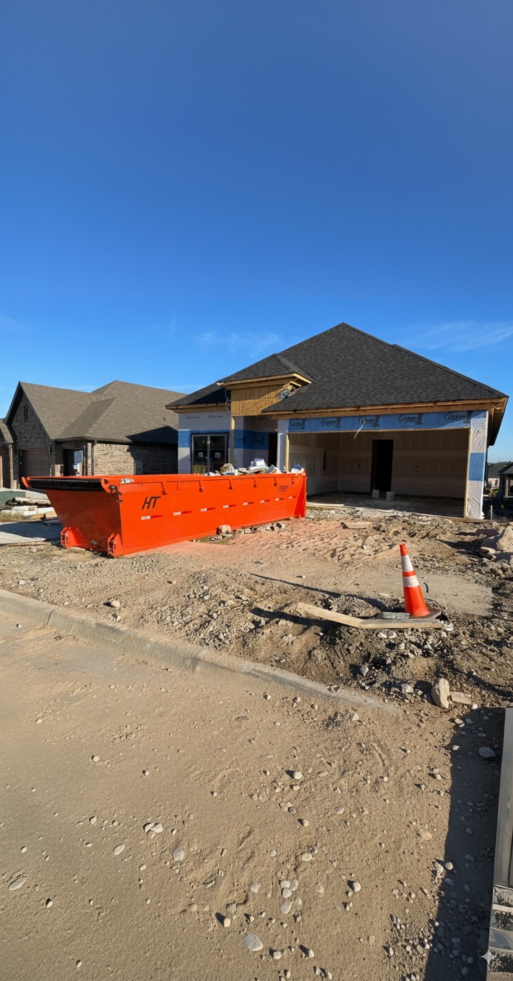 Dirty South Dumpsters orange dumpster in front of new house under construction
