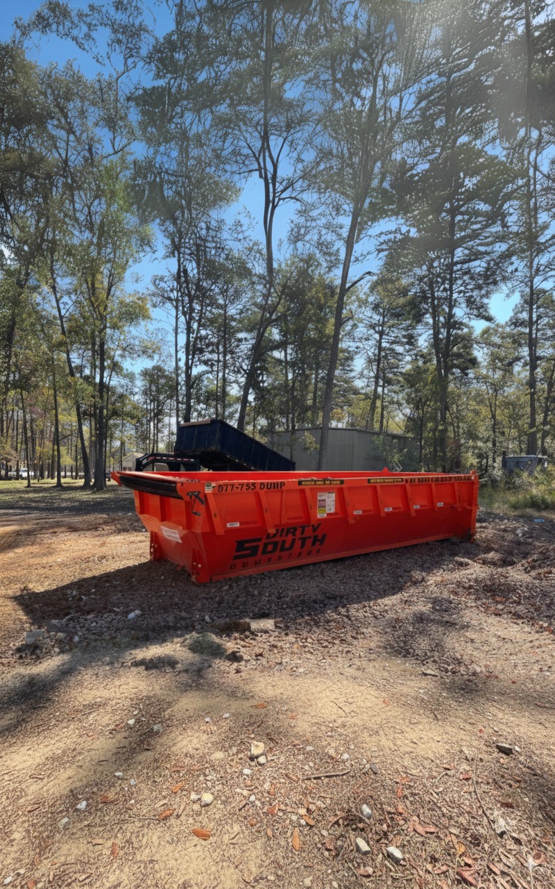 Dirty South Dumpsters orange dumpster placed in wooded outdoor area
