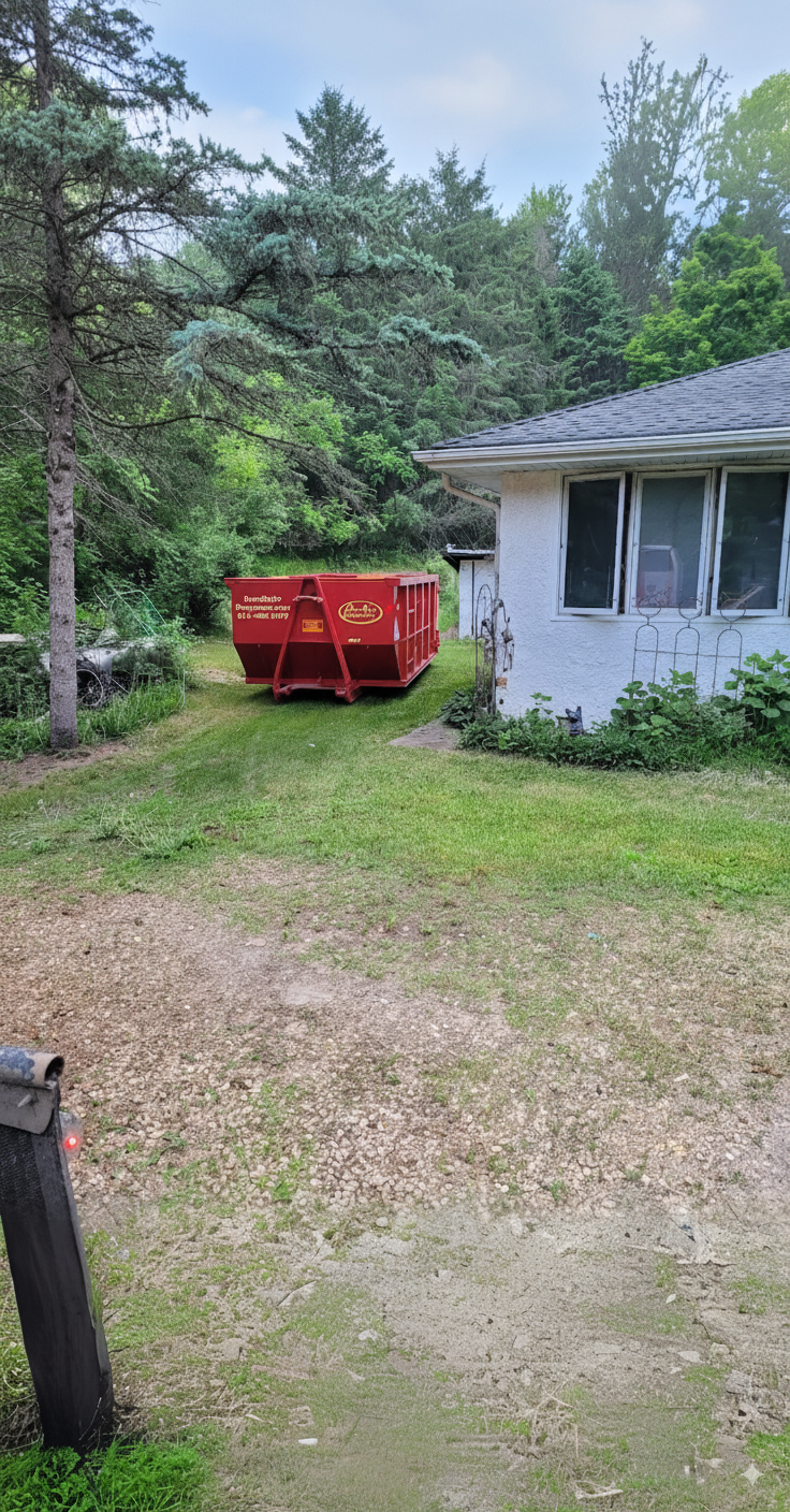 Small red residential dumpster from Done Right Dumpsters in a yard. Small red residential dumpster from Done Right Dumpsters in a yard.