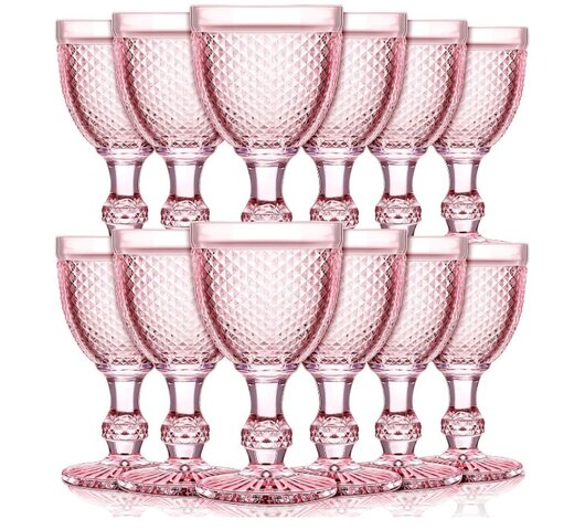 Pink Vintage Glass Goblet Embossed with Stem - 10 oz