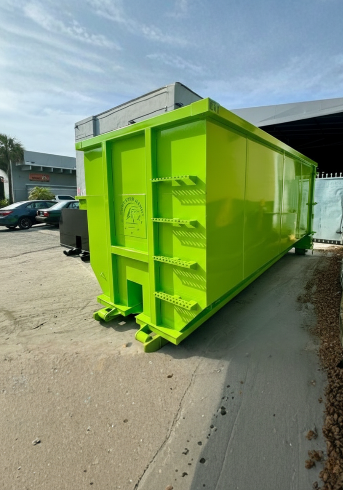 Dumpster Depot bright green closed roll-off container for waste.
Dumpster Depot bright green closed roll-off container for waste.