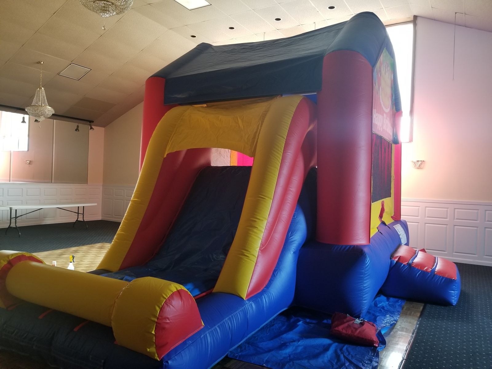 The Combo with slide is great for all events. Also includes a basketball hoop inside.