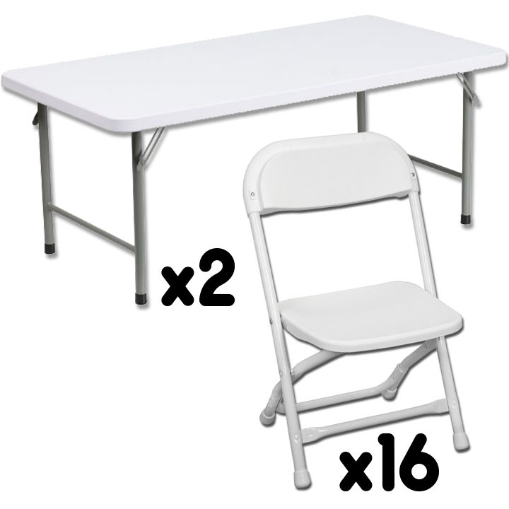 Two 5 Foot Rectangular Kids Table 16 White Kids Chairs for Rent