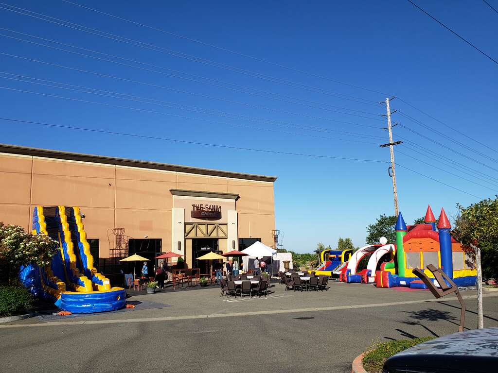 E&J Funday bounce houses, water slides, and inflatable games professionally installed for a large church event