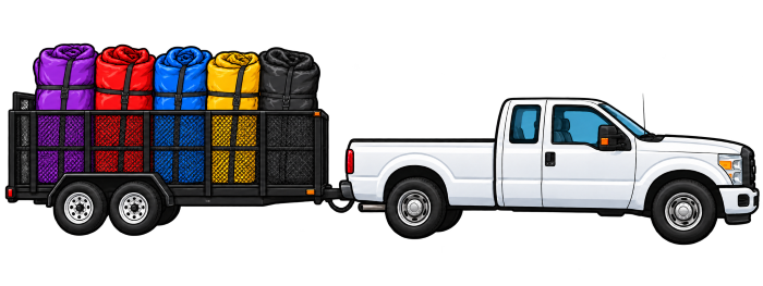 Cartoon delivery pickup and mesh trailer with upright colorful inflatable rolls