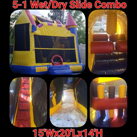 4th of July 5-1 Wet Combo Bounce House with Obstacles, Tunnel, 9ft High slide and Basketball hoop in Red, Yellow, and Blue