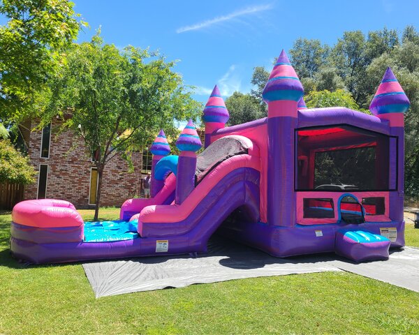 Wet Combo Pink Marble Bounce House w/Dual Lane Slide and Hoop