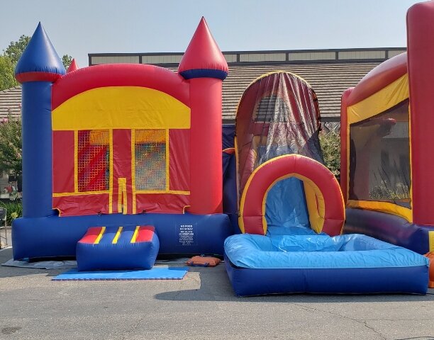 Wet Combo Bounce House With Slide In Red Yellow And Blue 7179