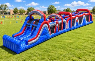 78ft American Bash Wet Dry Slide Inflatable Obstacle Course | Area needed 14'Wx82'Lx15'H
