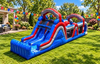 38ft American Bash Wet Dry Slide Inflatable Obstacle Course | Area needed 14'Wx46'Lx12'H