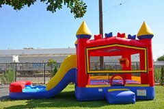 5-1 Wet Rainbow Bricks Athletic Bounce House with Basketball Hoop | Area needed 28'Wx20'Lx16'H