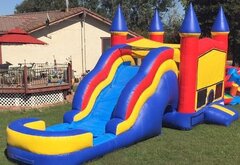 Wet Combo Big Rainbow Bounce House with obstacle pop ups and hoop in Red Yellow and Blue | Area needed 34'Wx20'Lx17'H