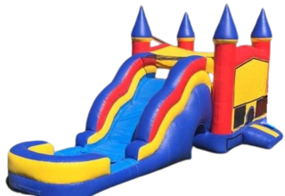 Wet Combo Big Rainbow Bounce House with obstacle pop ups and hoop in Red Yellow and Blue | Area needed 34'Wx20'Lx17'H