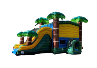 Cali Palms Bounce House Dual Lane Slide with Basketball Hoop and Pop Ups in a Tropic Theme 16x33 | Area needed 33'Wx20'Lx16'H