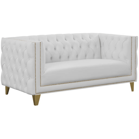 White Leather Tufted Loveseat with Gold Trim