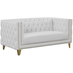 White Leather Tufted Loveseat with Gold Trim