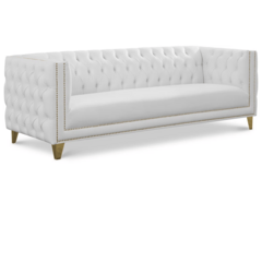 White Leather Tufted Sofa with Gold Trim
