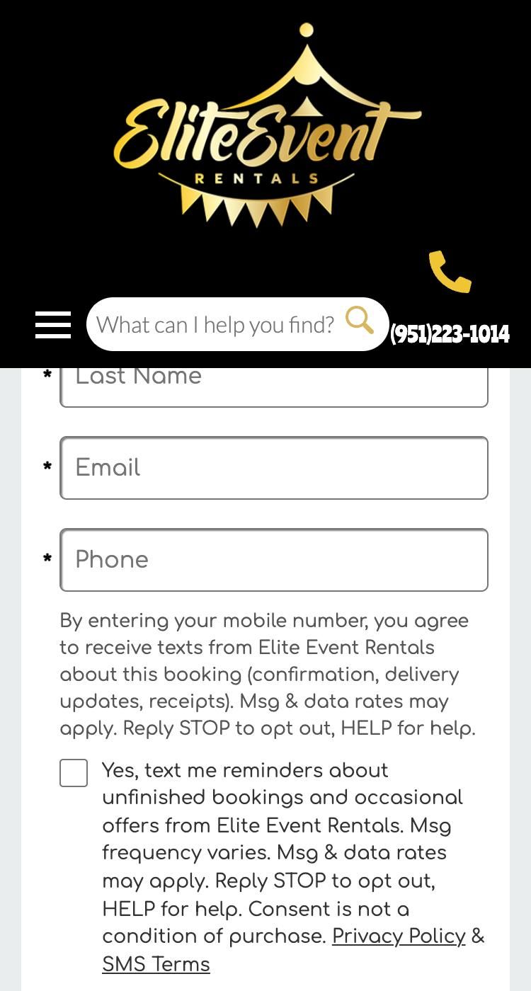 Elite Event Rentals checkout on a phone: the text message notice under the Phone field and the optional, unchecked reminders and offers checkbox