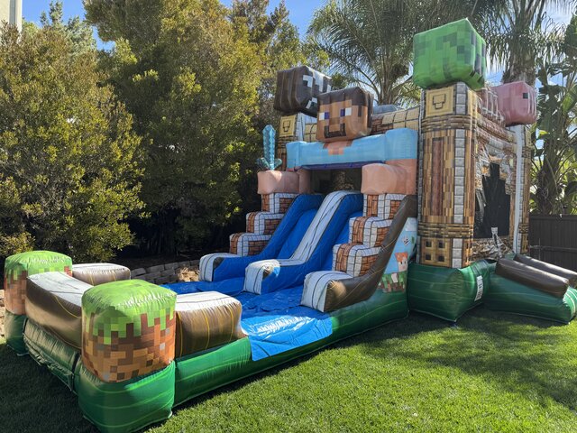Bounce house rental set up at a backyard party