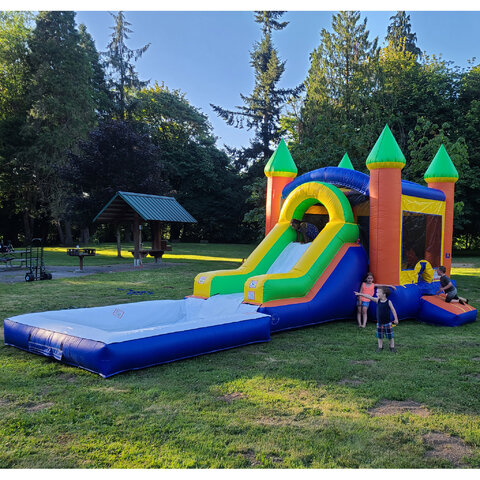 Inflatable Green Orange Wet Bounce House Combo With Pool