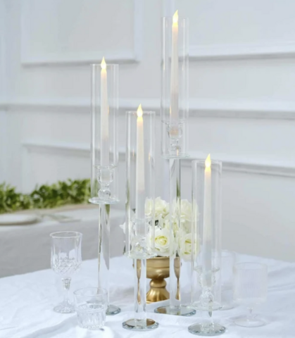 Crystal Glass Hurricane Taper Candle Holders Chimney Tubes set of 4
