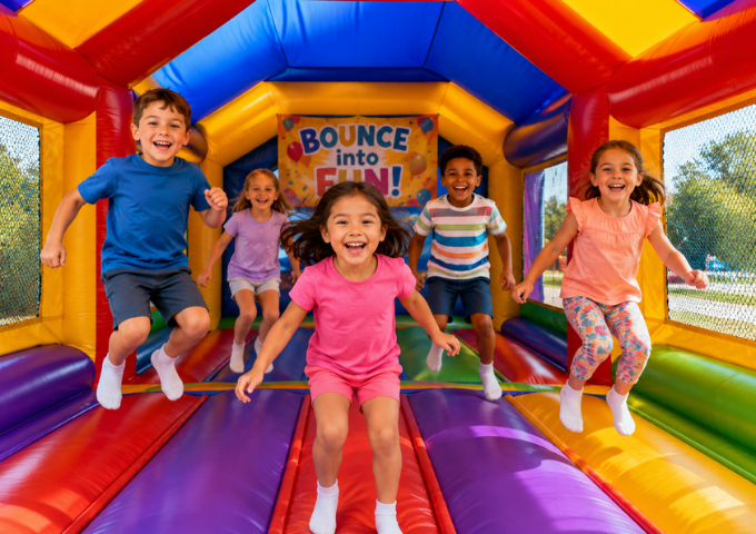 Happy kids playing safely in a clean bounce house rental in San Antonio