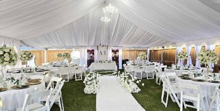 Commercial Tent 20x32 draped with chandeliers 